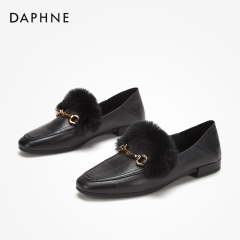 Daphne/达芙妮秋时尚牛皮兔毛乐福鞋方圆头猪皮内里通勤单鞋