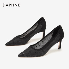 Daphne/达芙妮2020春尖头单鞋女高跟猪皮内里网纱烫钻透明高跟鞋