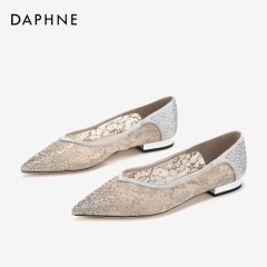 Daphne/达芙妮2020春新品蕾丝尖头鞋女闪耀钻饰舒适低跟时装单鞋