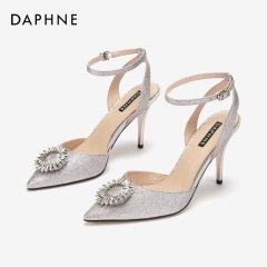 Daphne/达芙妮2020年春夏新品纯色尖头露跟鞋亮眼圆形钻扣单鞋