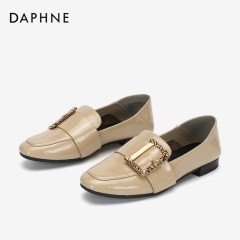 Daphne/达芙妮小圆头可踩跟橡胶平底摩登饰扣格纹拼接乐福鞋