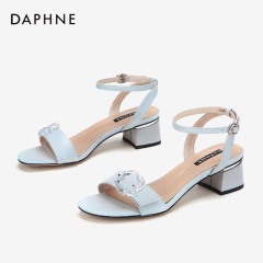 达芙妮2020夏季新款女鞋一字式扣带中跟粗跟露趾凉鞋优雅淑女鞋子