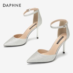 Daphne/达芙妮春秋新款银色伴娘优雅闪耀婚鞋踝带细跟单鞋女