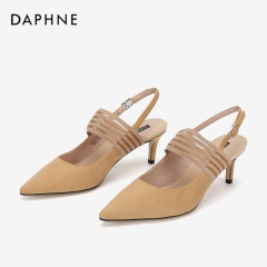 Daphne/达芙妮2020春夏新品一字扣带露跟鞋精美网面松紧女单鞋