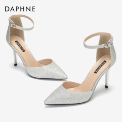 Daphne/达芙妮春秋新款银色伴娘优雅闪耀婚鞋踝带细跟单鞋女