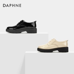 Daphne/达芙妮秋学院风小皮鞋褶皱镜面牛津鞋圆头厚底单鞋