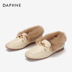 Daphne/达芙妮冬毛毛鞋女外穿加绒休闲优雅新款兔毛乐福鞋