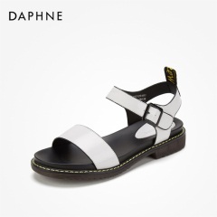 Daphne/达芙妮漆皮魔术贴低跟度假鞋个性撞色条带凉鞋