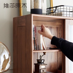 维莎胡桃木书柜现代轻奢落地带玻璃门展示柜北欧小户型原木储物柜