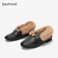 Daphne/达芙妮冬毛毛鞋女外穿加绒休闲优雅新款兔毛乐福鞋