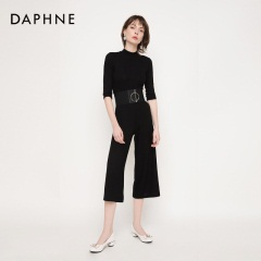 Daphne/达芙妮春秋新款优雅时尚设计感圆扣漆皮拼接粗跟