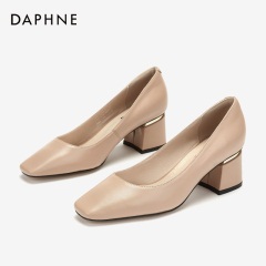 Daphne/达芙妮2020春单鞋新品头层羊皮方头女鞋猪皮内里方跟单鞋