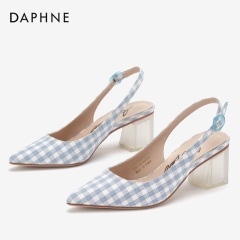Daphne/达芙妮春秋简约优雅格纹布后空磨砂粗中跟单鞋女