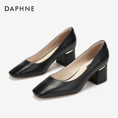 Daphne/达芙妮2020春单鞋新品头层羊皮方头女鞋猪皮内里方跟单鞋