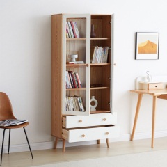 维莎实木书柜现代简约落地白色带玻璃门展示柜北欧家用收纳置物柜