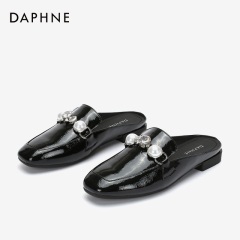 Daphne/达芙妮2020春季新款时尚露跟穆勒鞋方头【珠玑扣】平底鞋