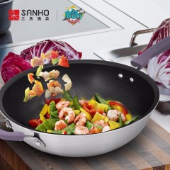 三禾锅具（SANHO）聚温钢炒锅不粘锅中餐厅同款煎炒两用不锈钢炒菜锅30/32cm燃气电磁炉通用 30CM