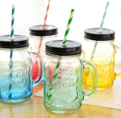 创意渐变彩色梅森杯带盖透明公鸡杯 夏日果汁冷饮料吸管玻璃水杯