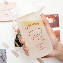 韩版磨砂网红ins风玻璃杯便携可爱少女学生水杯简约清新创意卡通