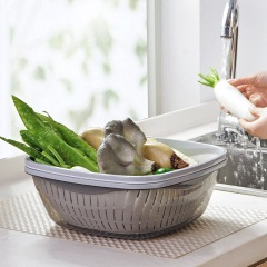 优思居 透明双层洗菜盆镂空沥水篮套装 家用厨房蔬菜水果洗菜篮子