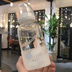 韩版卡通奶瓶玻璃杯创意可爱学生水杯成人带奶嘴杯子透明带刻度