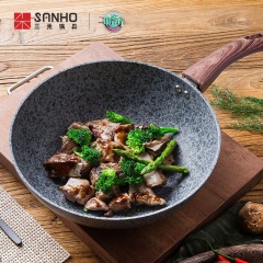 三禾锅具（SANHO）麦饭石炒锅不粘锅炒菜锅燃气电磁炉通用木纹手柄 30CM