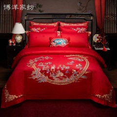 博洋家纺100支婚庆六件套结婚床上用品百子图四件套新婚红色大红