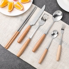 6家用不锈钢创意日式木制手柄水果叉西餐牛排刀叉勺子木柄汤勺筷子